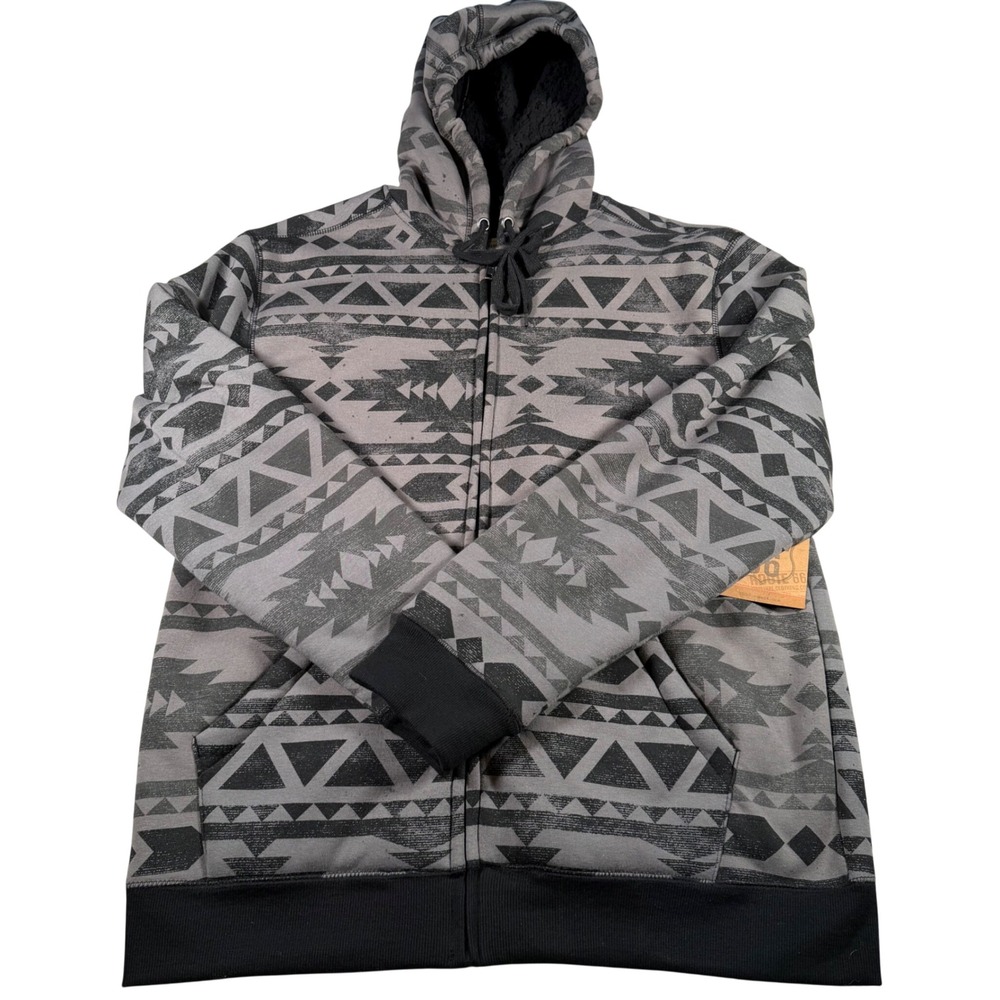 Route 66 Tribal Print Hoodie Mens Size M Grey Black Faux Fur Lined Full Zip NEW